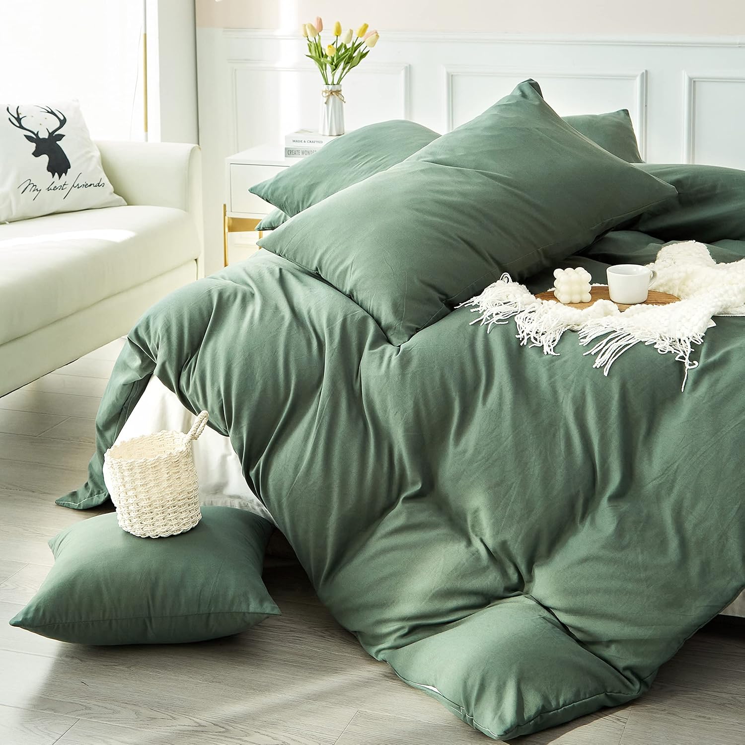 Double Duvet Cover Set Green 100% Cotton
